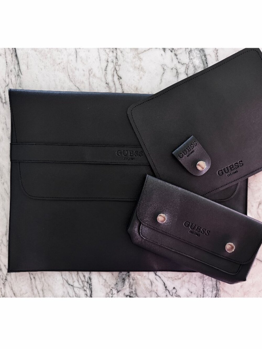 GUESS Black Faux Leather Laptop Sleeve Accessories Kit Mouse Pad Pouch Cord Wrap